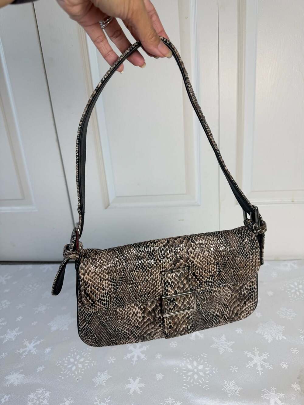 Y2K Brown Snakeskin Print Baguette Shoulder Bag Buckle Mob Wife 2000s Purse